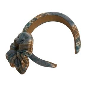 VTG Style 80s 90s Padded Plaid Tartan Flannel Headband Scrunchie Set Blue Tan OS